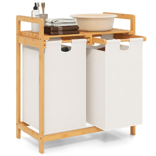 Laundry Basket with 2 Removable Bags, Bamboo, White