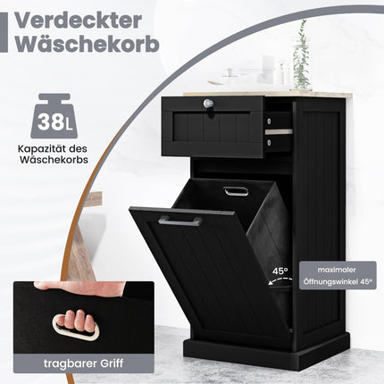 Laundry Cabinet with Drawer & Bamboo Top – Black, 38L Basket