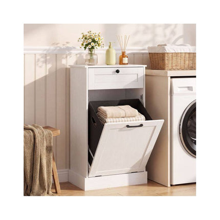 Laundry Cabinet with Tilt Out Hamper and Drawer, 39 L Removable Bin, White