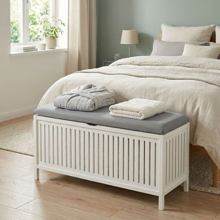 Laundry Hamper Stool – Walnut Finish, Padded Seat