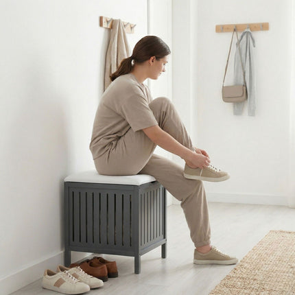 Laundry Hamper Stool – Walnut Wood, Padded Seat Lid