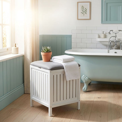 Laundry Hamper Stool – Walnut Wood, Padded Seat Lid