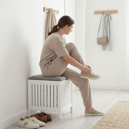 Laundry Hamper Stool – Walnut Wood, Padded Seat Lid