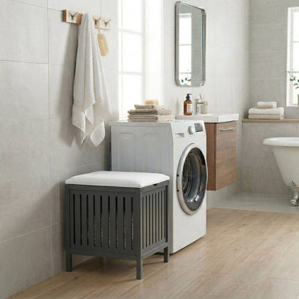 Laundry Hamper Stool – Walnut Wood, Padded Seat Lid