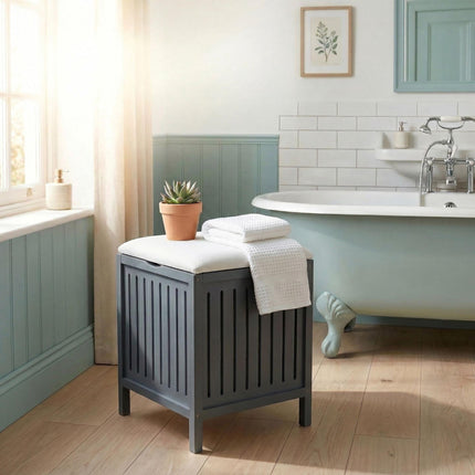 Laundry Hamper Stool – Walnut Wood, Padded Seat Lid