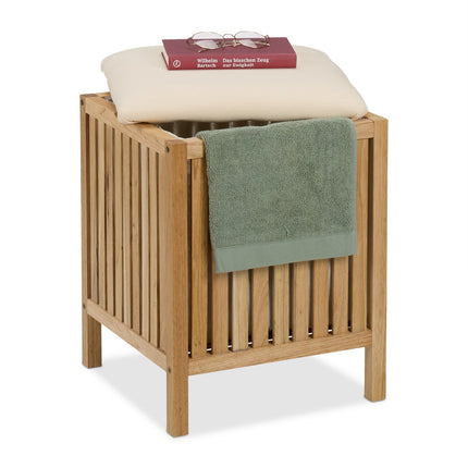 Laundry Hamper Stool with Cushion Seat, Walnut Wood