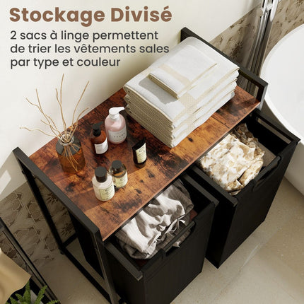 Laundry Hamper With Shelf, 2 Removable Bags, Black Brown