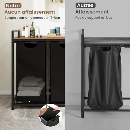 Laundry Hamper With Shelf, 2 Removable Bags, Black Brown