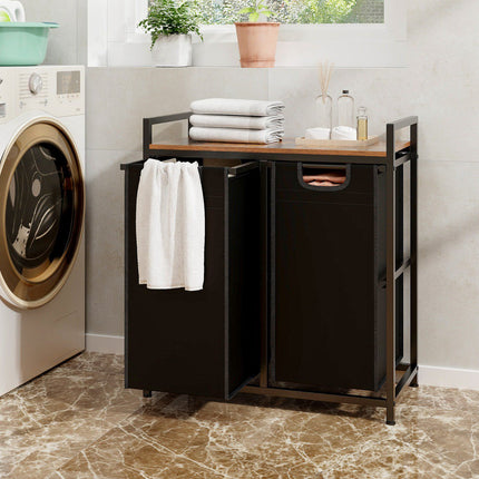 Laundry Hamper With Shelf, 2 Removable Bags, Black Brown