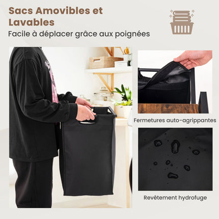 Laundry Hamper With Shelf, 2 Removable Bags, Black Brown
