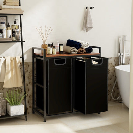 Laundry Hamper With Shelf, 2 Removable Bags, Black Brown