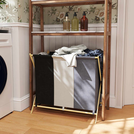 Laundry Hamper with 3 Compartments, 129L, Foldable, Bamboo Frame