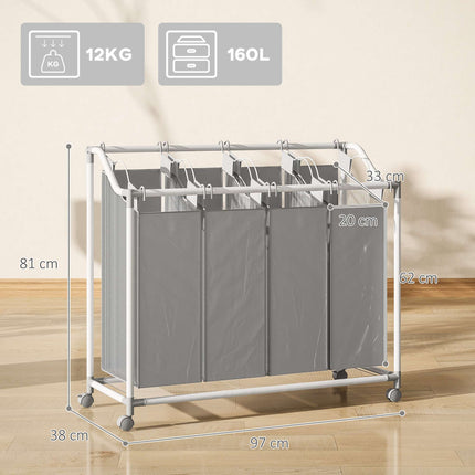 Laundry Hamper with 4 Removable Bags, 160L, Wheels, Grey