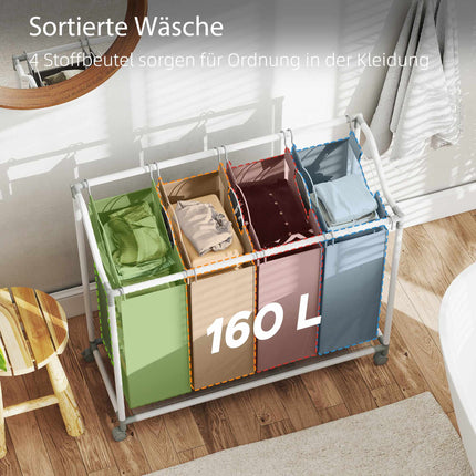 Laundry Hamper with 4 Removable Bags, 160L, Wheels, Grey