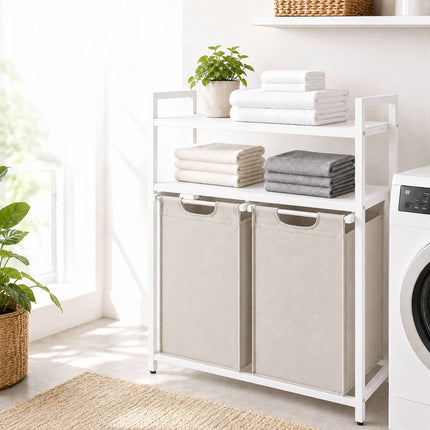 Laundry Sorter with 2 Pull-Out Bags and 2 Shelves, 46 L per Bag, White/Beige