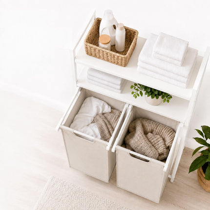 Laundry Sorter with 2 Pull-Out Bags and 2 Shelves, 46 L per Bag, White/Beige