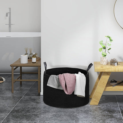 Laundry bag, 88L, portable, foldable, faux leather handles, cotton, Ø56 x 35.5H cm, black