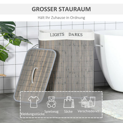 Bamboo laundry basket, 100L, double compartments, foldable lid