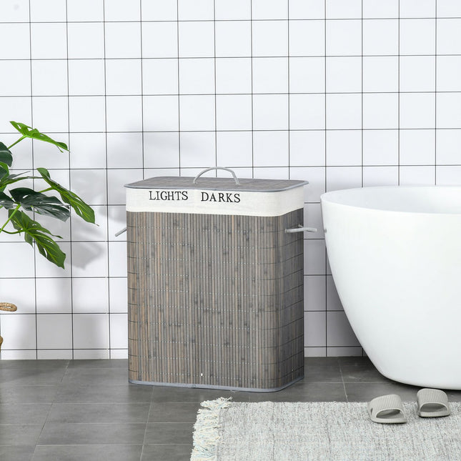 Bamboo laundry basket, 100L, double compartments, foldable lid