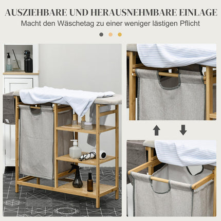 Extendable 57.4L laundry basket with ironing board and 3-level storage