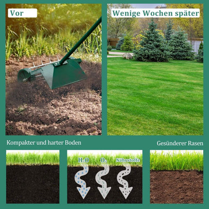 Lawn aerator roller lawn roller with handle & 3cm nails & splash guard 46 x 23 x 127 cm dark green and silver