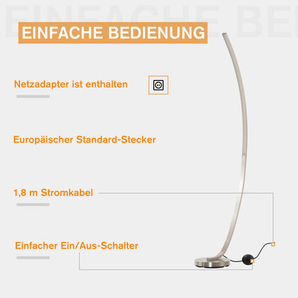 Curved LED floor lamp - warm white, aluminium, 149 cm