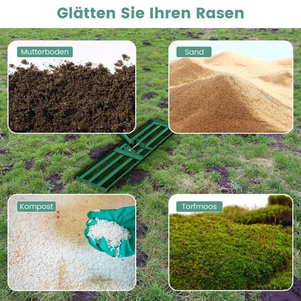 Leveling rake with ergonomic handle, robust lawn tool, leveling rake, surface leveler, 106 x 25 cm, green