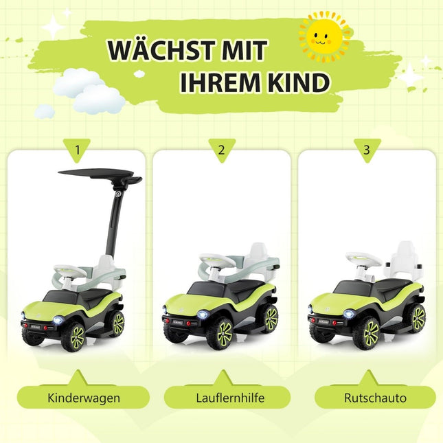 Licensed 3-in-1 Volkswagen ride-on car with triple adjustable push handle 96 x 40 x 93 Green
