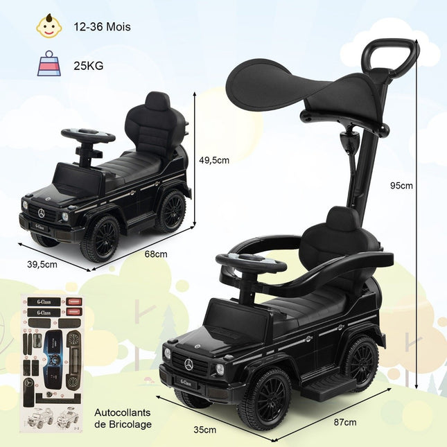 Licensed Mercedes Benz children's vehicle with adjustable sunroof &amp; Parent handle stroller black