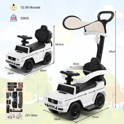 Licensed Mercedes Benz children's vehicle with adjustable sunroof &amp; Parent handle stroller white