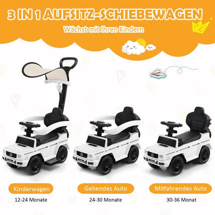 Licensed Mercedes Benz children's vehicle with adjustable sunroof &amp; Parent handle stroller white