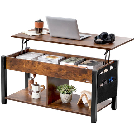 Lift Top Coffee Table 41.7 In, Storage Pockets, Brown