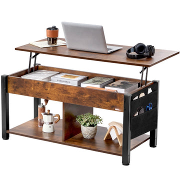 Lift Top Coffee Table 41.7 In, Storage Pockets, Brown