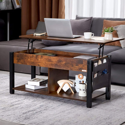 Lift Top Coffee Table 41.7 In, Storage Pockets, Brown