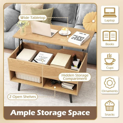 Lift-Top Coffee Table 80cm, Hidden Storage, 2 Shelves