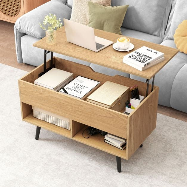 Lift-Top Coffee Table 80cm, Hidden Storage, 2 Shelves
