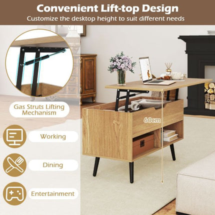 Lift-Top Coffee Table 80cm, Hidden Storage, 2 Shelves