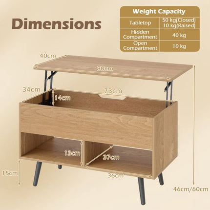 Lift-Top Coffee Table 80cm, Hidden Storage, 2 Shelves