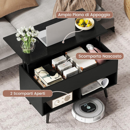 Lift-Top Coffee Table, Black, Hidden Storage, 2 Shelves
