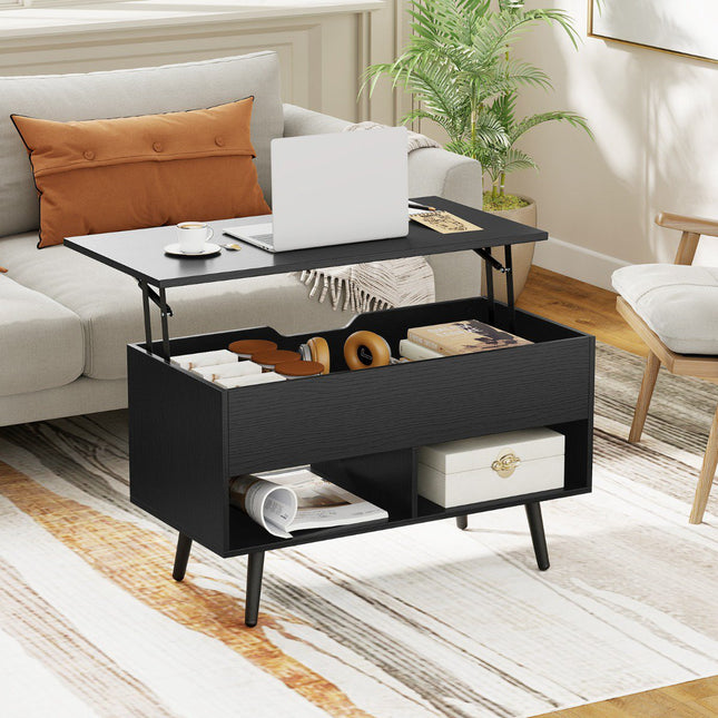 Lift-Top Coffee Table, Black, Hidden Storage, 2 Shelves