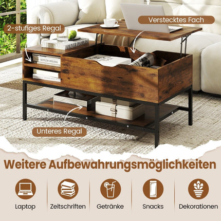 Lift-Top Coffee Table with Hidden Storage, Brown Wood