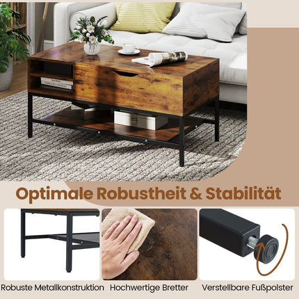 Lift-Top Coffee Table with Hidden Storage, Brown Wood