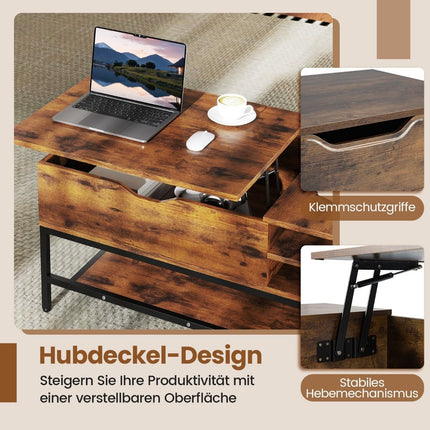 Lift-Top Coffee Table with Hidden Storage, Brown Wood