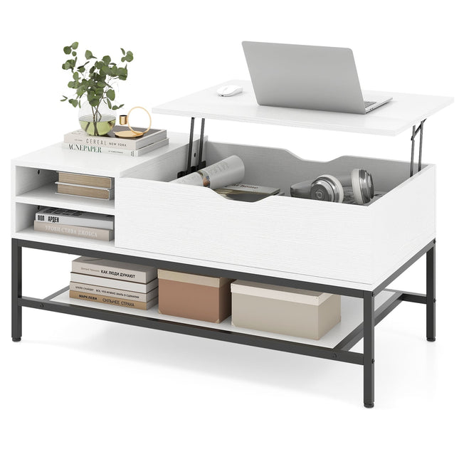 Lift-Top Coffee Table with Hidden Storage, White Wood