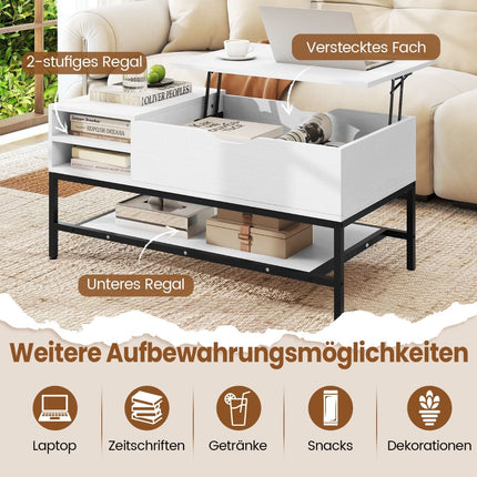 Lift-Top Coffee Table with Hidden Storage, White Wood