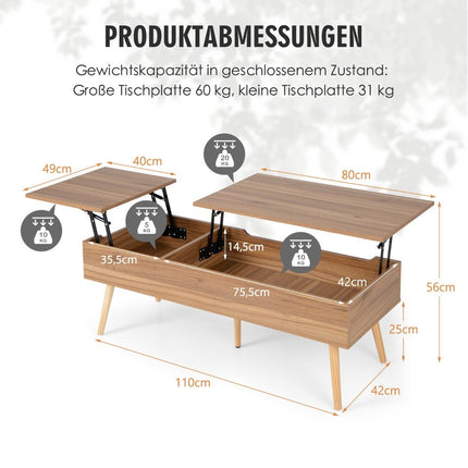 Lift-Top Coffee Table with Storage, 120x49x42 cm, Brown