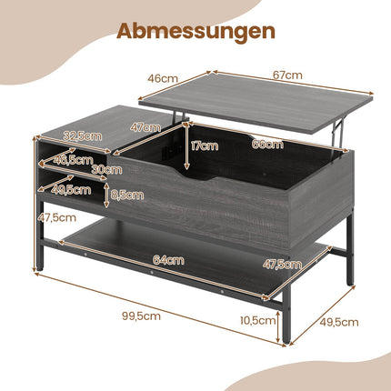 Lift-Top Coffee Table with Storage, Adjustable Height, Gray
