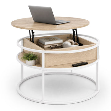 Lift-Top Coffee Table with Storage, White-Beige