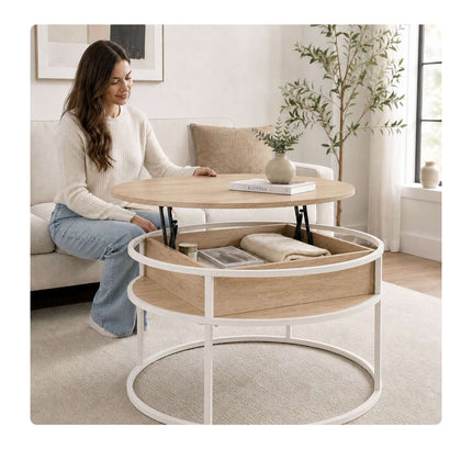 Lift-Top Coffee Table with Storage, White-Beige