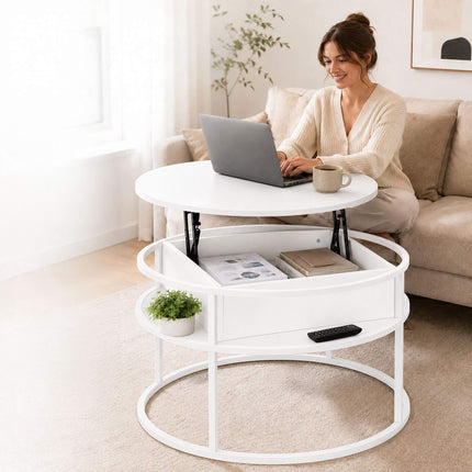 Lift-Top Coffee Table with Storage – White, MDF & Metal